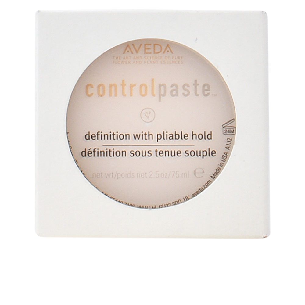 Aveda Control Paste. Runde Dose in weißer Verpackung. Text: Definition with pliable hold. Net 2.5 oz/75 ml.