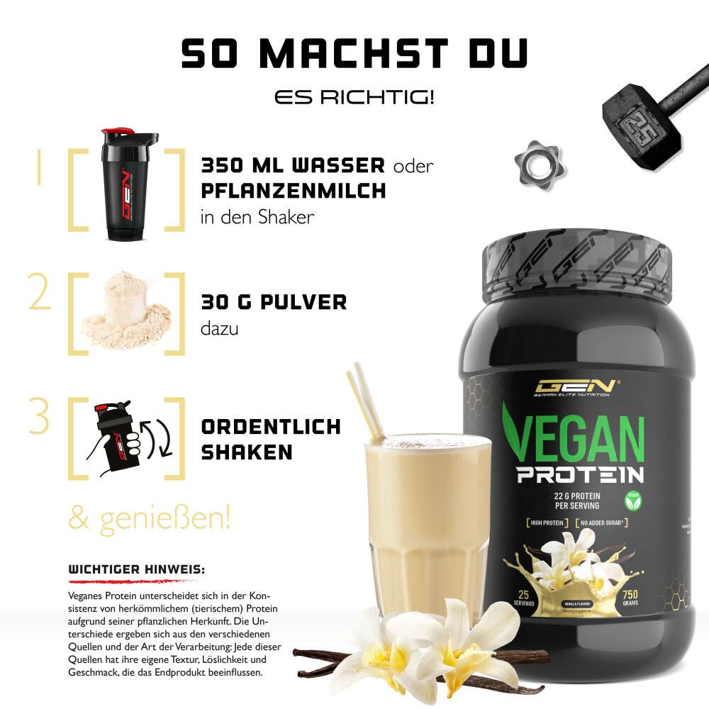 Anleitung: 350ml Wasser/Pflanzenmilch, 30g Pulver, shaken. GEN Vegan Protein Dose, Glas mit Shake, Vanille.