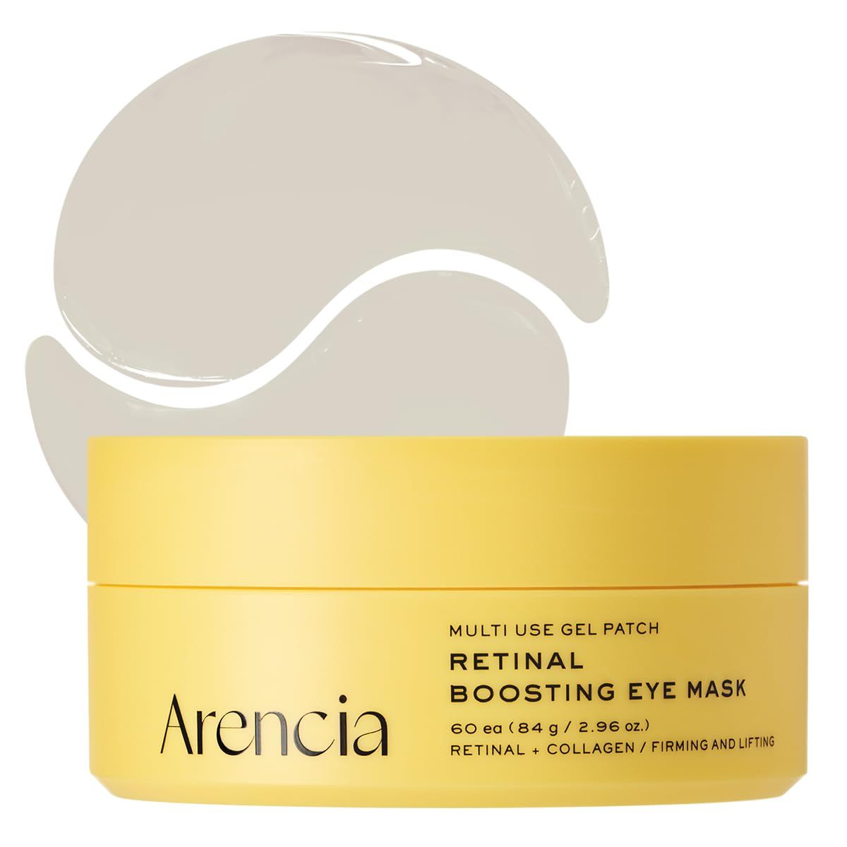 Gel-Augenmasken in einem gelben Behälter mit dem Produktnamen 'Arencia Retinal Boosting Eye Mask'.