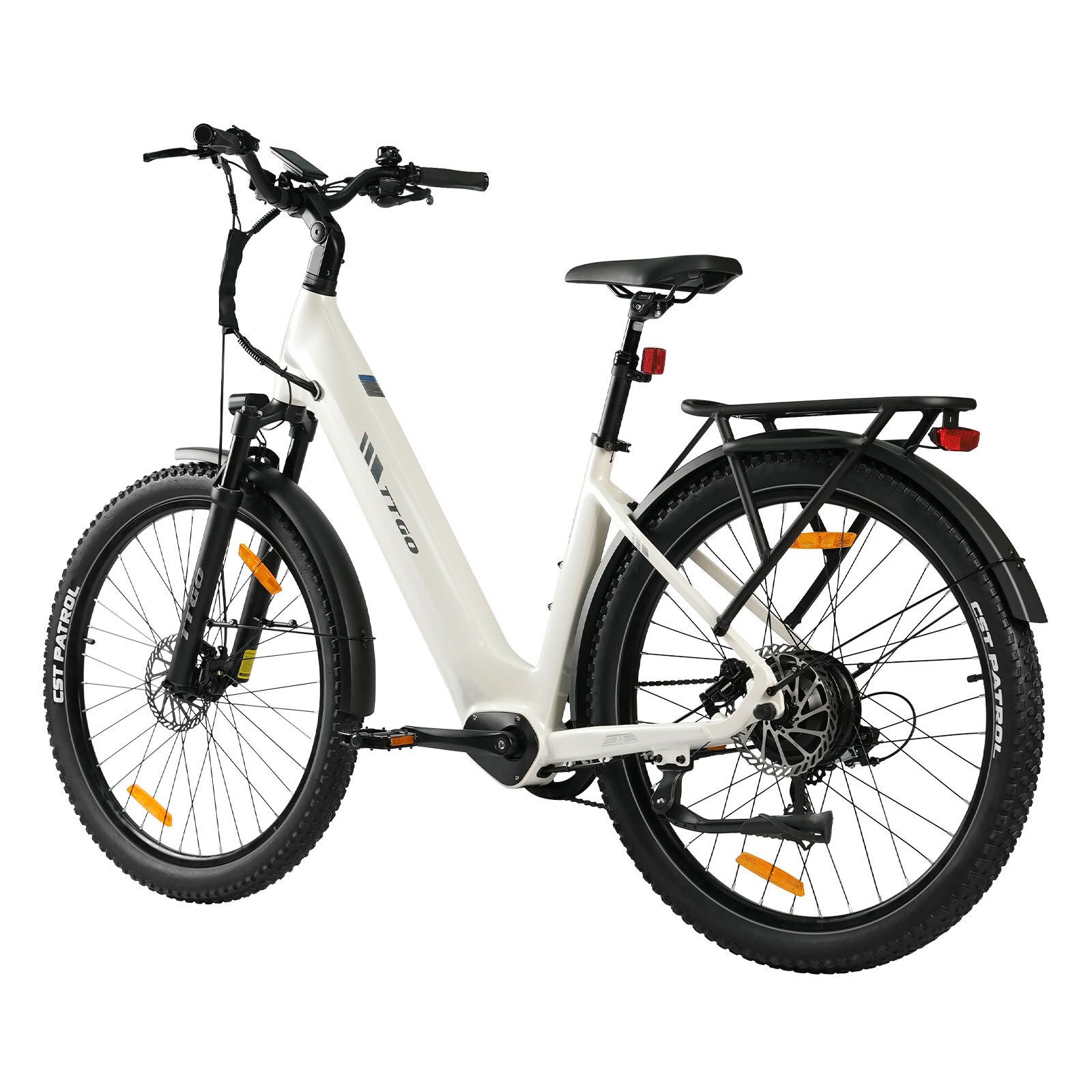 Weißes Elektrofahrrad mit schwarzen Reifen und Details. Gepäckträger, Schutzbleche und hydraulische Scheibenbremsen.