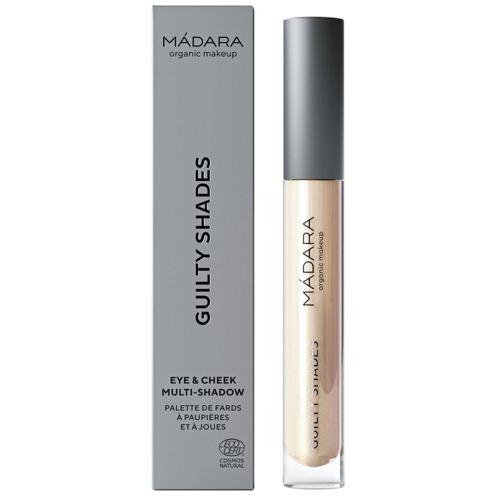 Madara Guilty Shades Frost. Eye & Cheek Multi-Shadow. Graue Verpackung und Produkt. Text: Madara, Guilty Shades, COSMOS NATURAL.