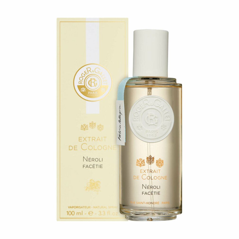 Roger&Gallet Extrait de Cologne Flakon und Verpackung. Weißer Flakon mit weißem Verschluss. Beige Verpackung mit Logo und Produktbezeichnung.