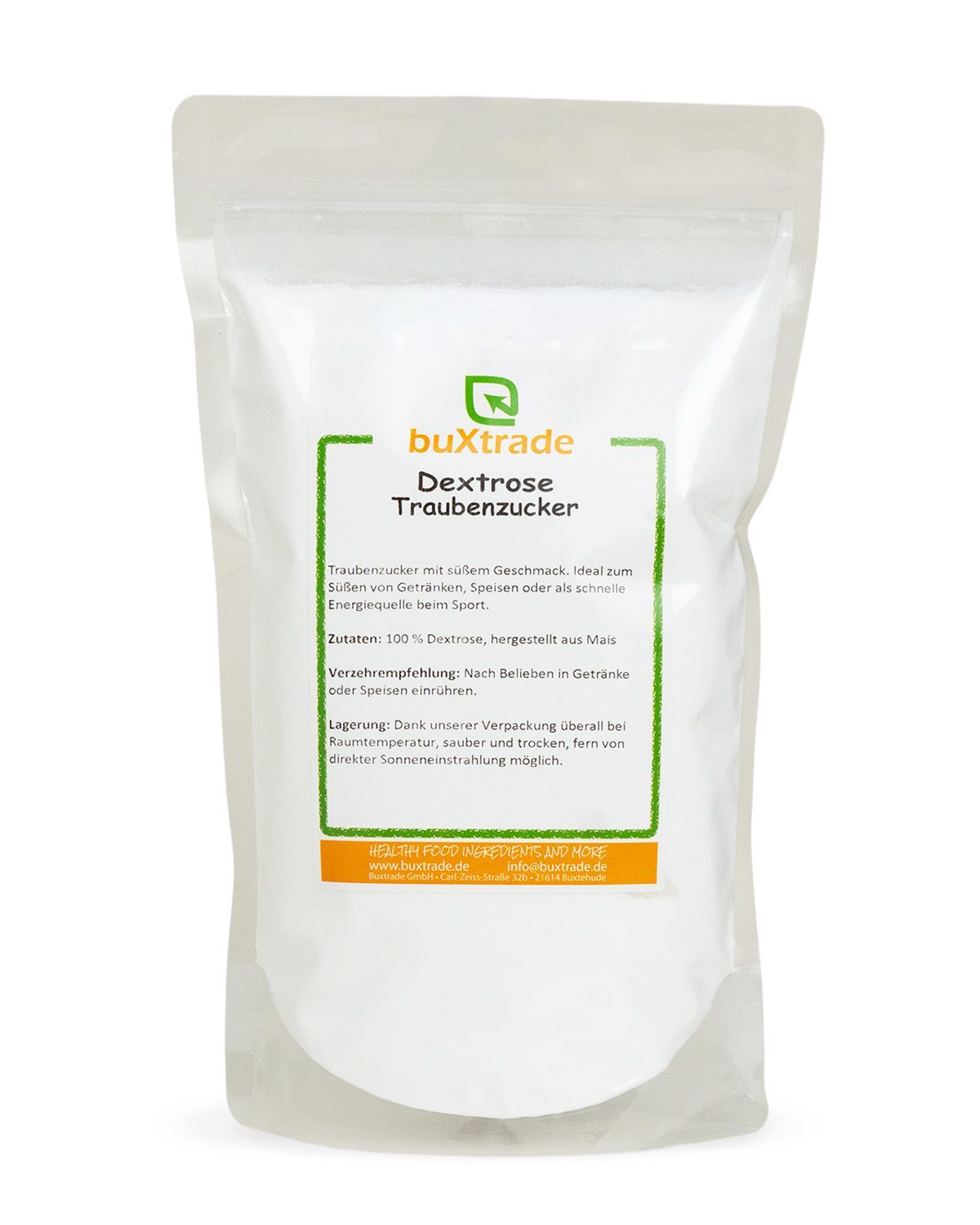 Bequeme Standbodenbeutel mit buXtrade Dextrose Traubenzucker. Enthält 100% Dextrose aus Mais.