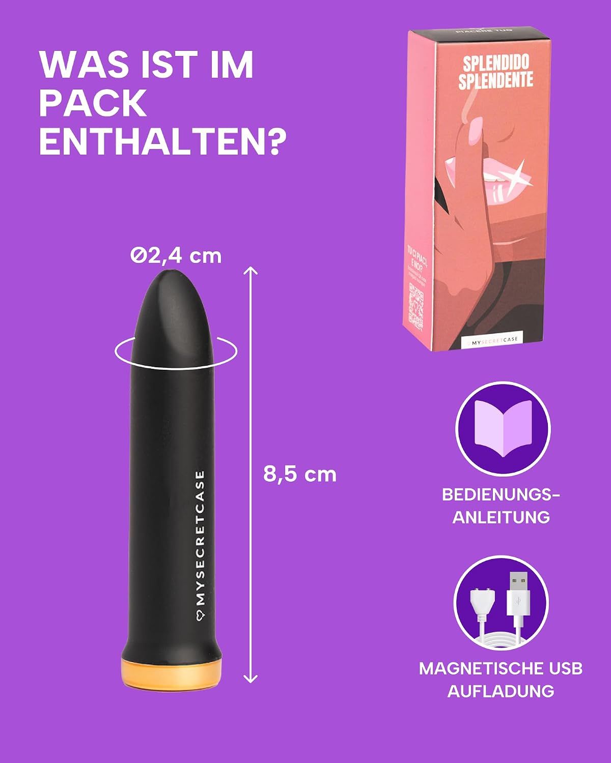 Schwarzer Vibrator mit goldenem Akzent, 8,5 cm lang, 2,4 cm Durchmesser, magnetische USB-Ladung.