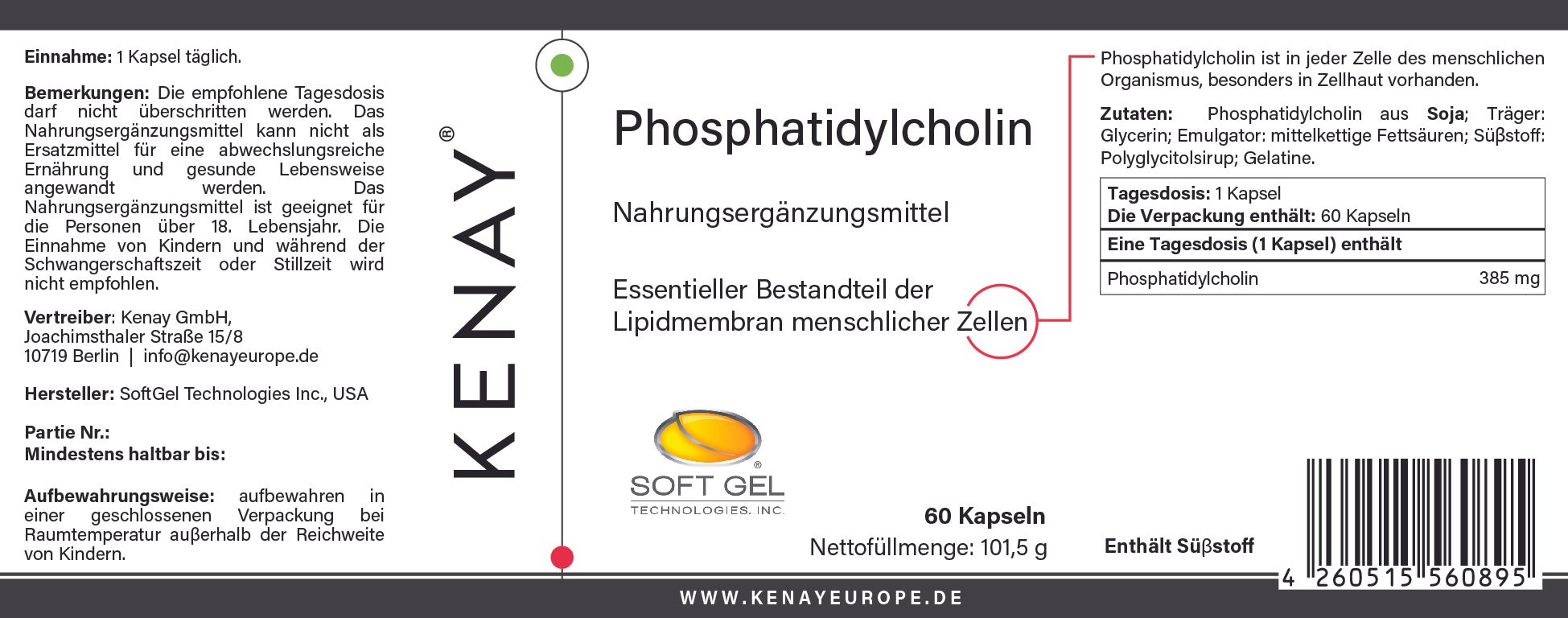 Weißes Etikett mit Text. Aufschrift: Phosphatidylcholin, KENAY, 60 Kapseln, Soft Gel Technologies.
