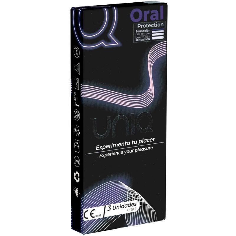 UNIQ Oral Dental Dam-Verpackung. Schwarz mit weißer Schrift. Enthält 3 Einheiten. Text: Oral Protection, Experimenta tu placer.