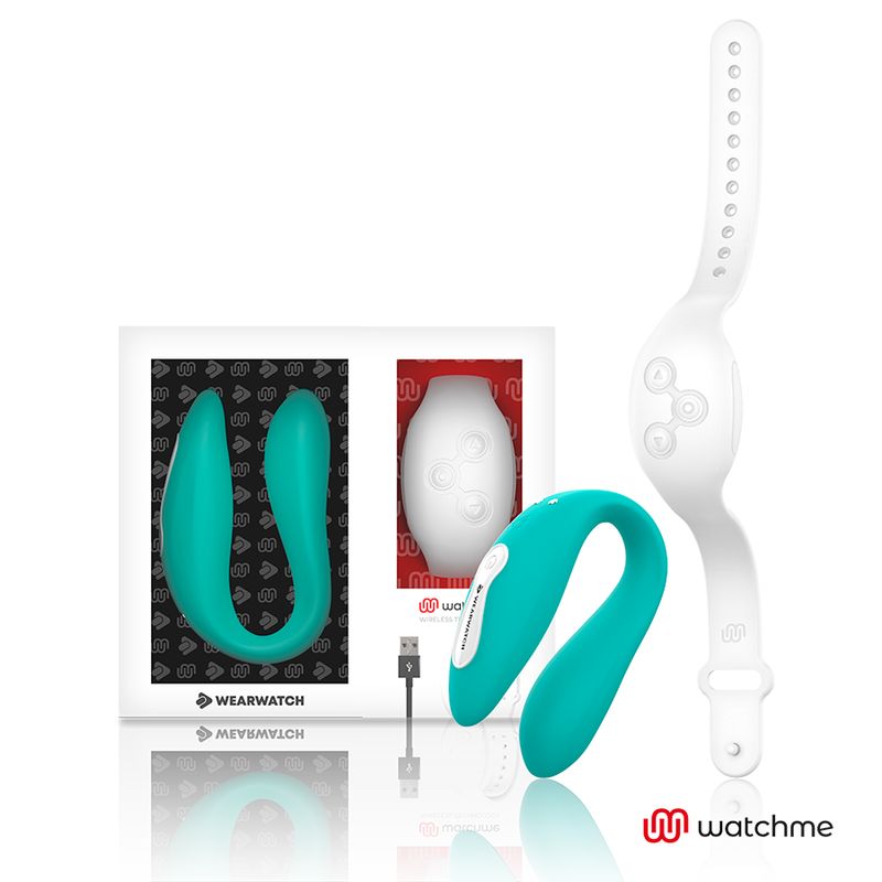 Wellness-Produkt, Armbanduhr und Verpackung. Das Produkt ist türkisfarben. Das Logo "watchme" ist auf der Verpackung.