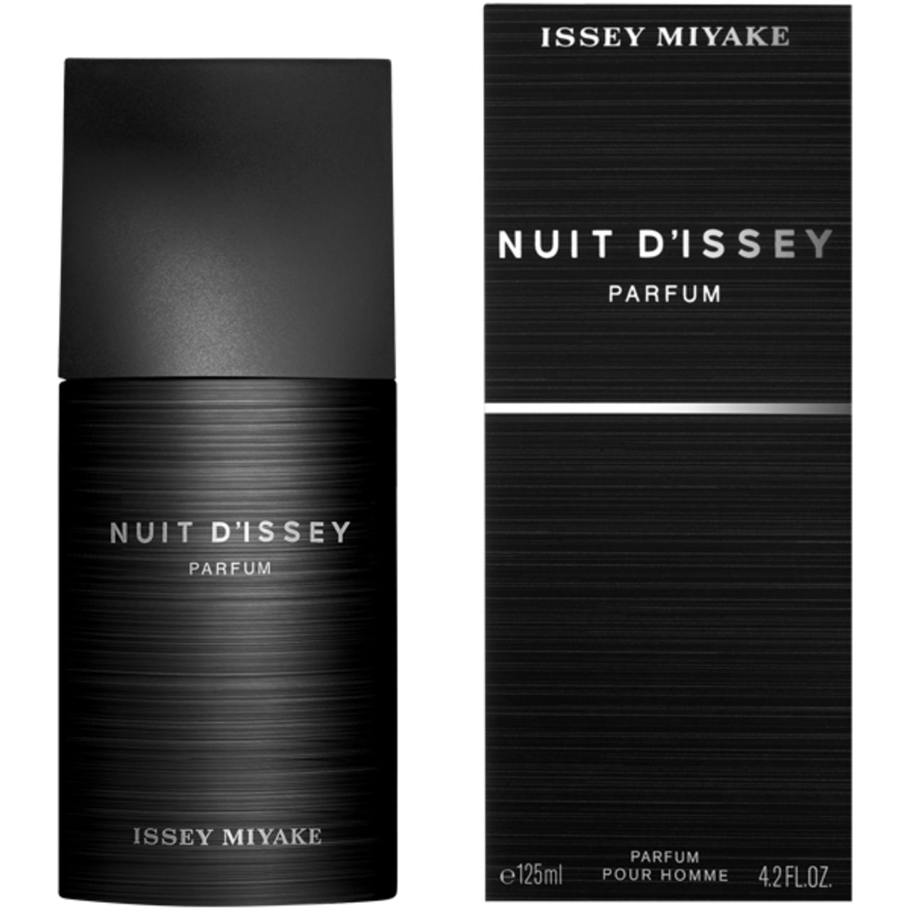 Schwarzer Flakon und Verpackung. Aufschrift: Nuit D'Issey Parfum, Issey Miyake. Verpackung mit Text.