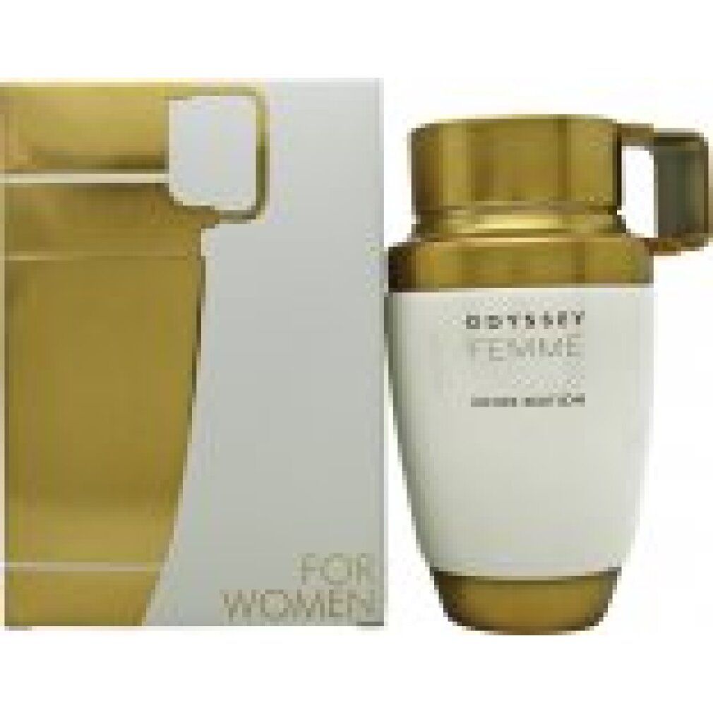 Parfümflakon und Verpackung. Weiß-goldfarben. Aufschrift: Odyssey Femme White Edition. Für Frauen.