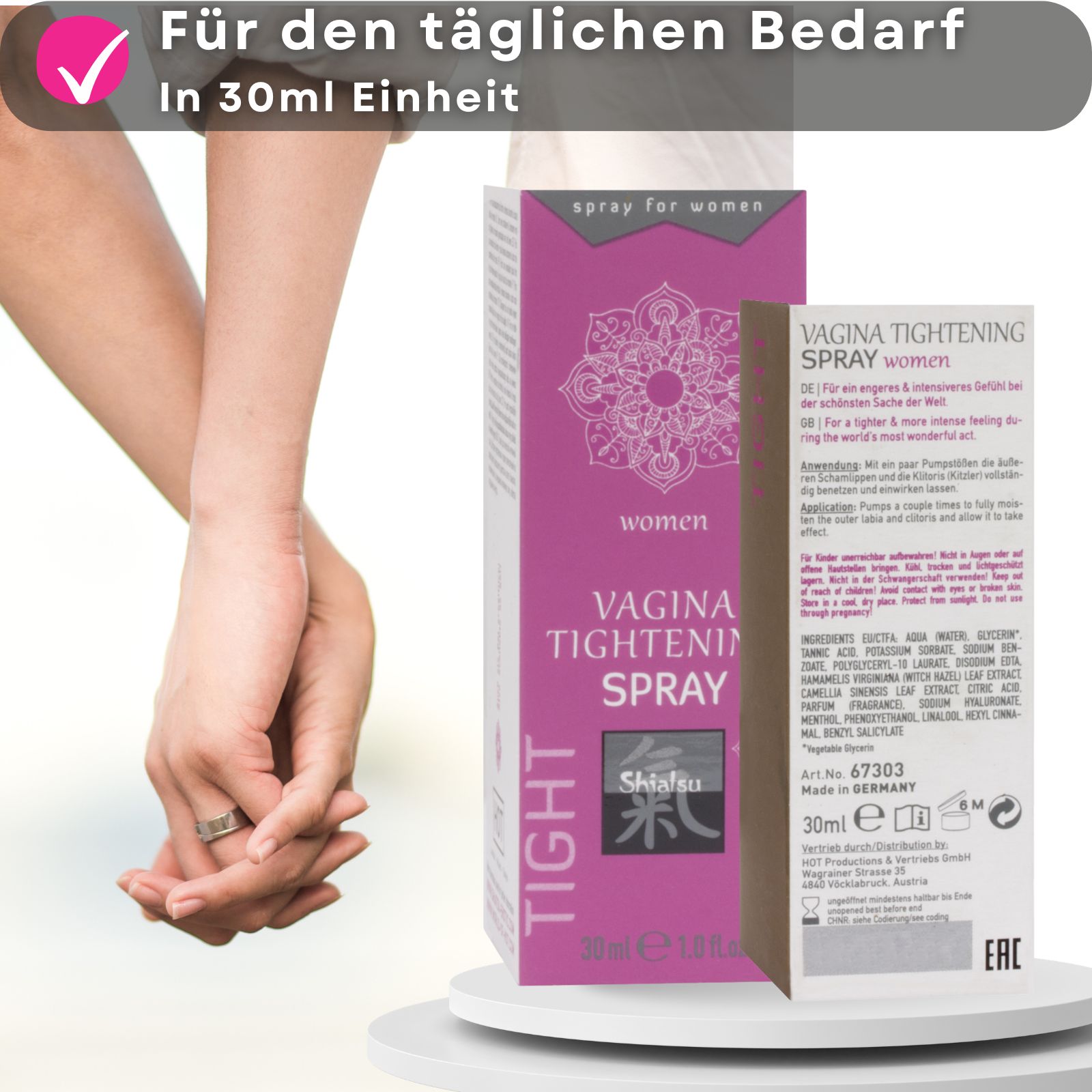 Produkt und Verpackung. Text: Vagina Tightening Spray. Marke: Shiatsu. Paar im Hintergrund.