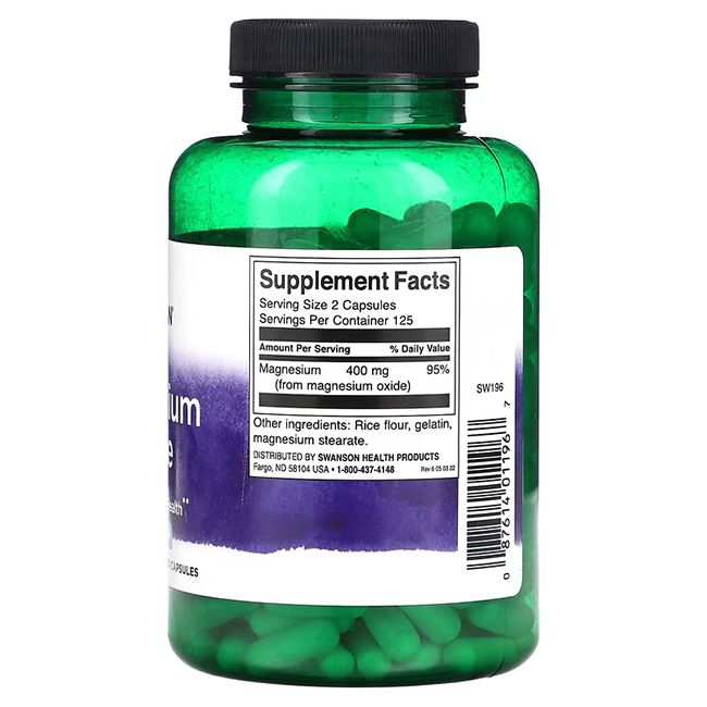 Grüne Flasche mit Etikett. Enthält Kapseln. Aufschrift: Supplement Facts. Magnesium 400 mg. Swanson Health Products.