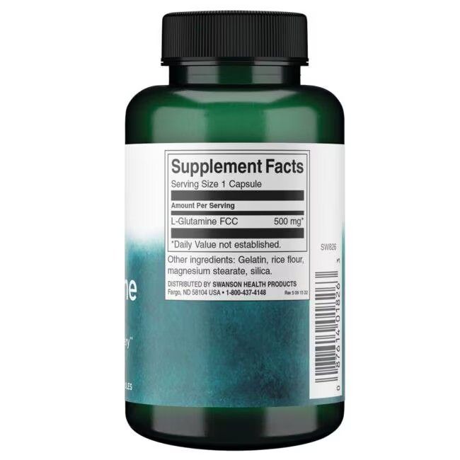 Rückseite der grünen Flasche. Etikett mit Nährwertangaben: L-Glutamin FCC, 500 mg. Weitere Inhaltsstoffe: Gelatine, Reismehl, Magnesiumstearat, Kieselsäure.