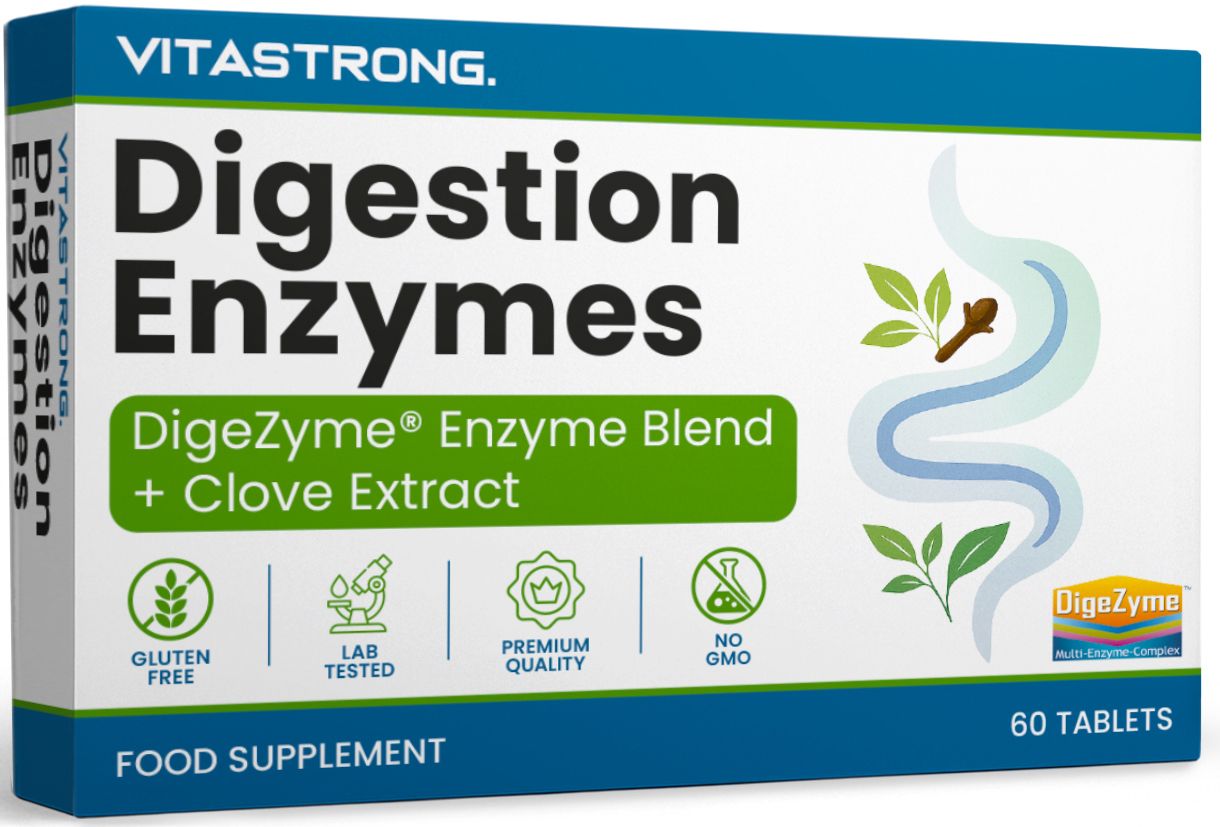Vitastrong Verdauungsenzyme Karton mit 60 Tabletten, Glutenfrei, Laborgeprüft, Premium Qualität, Ohne GMO.