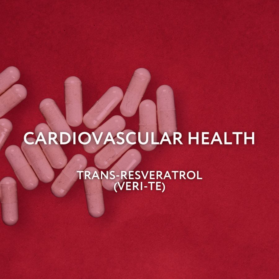 Text: CARDIOVASCULAR HEALTH, Trans-Resveratrol (VERI-TE). Rosa Kapseln auf rotem Hintergrund.