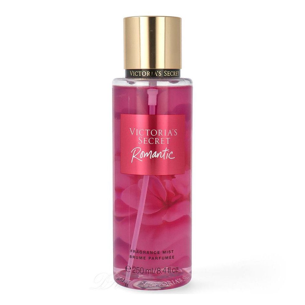 Flasche mit Sprühkopf. Aufkleber "Victoria's Secret Romantic". Text: "Fragrance Mist". Rosa Flüssigkeit.