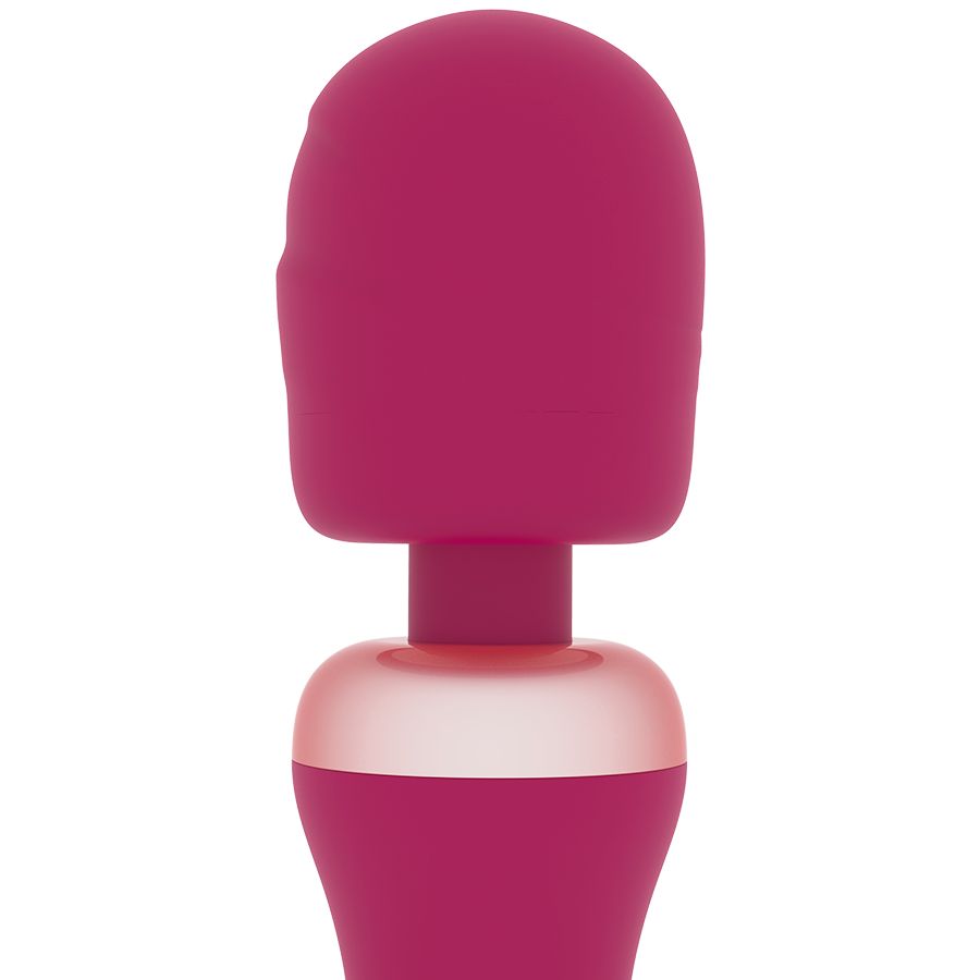Nahaufnahme eines rosa Wand-Vibrators. Runde Spitze, silberfarbener Ring, ergonomischer Griff.