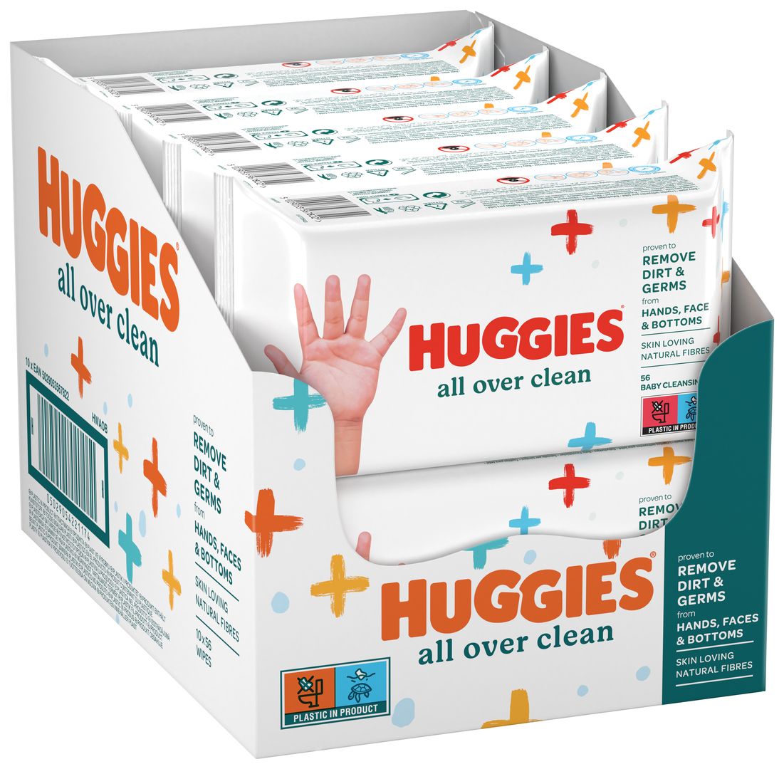 Huggies Feuchttücher Monatsbox. Weiße Verpackung mit rotem Logo und bunten Kreuzen. Enthält mehrere Packungen Feuchttücher.
