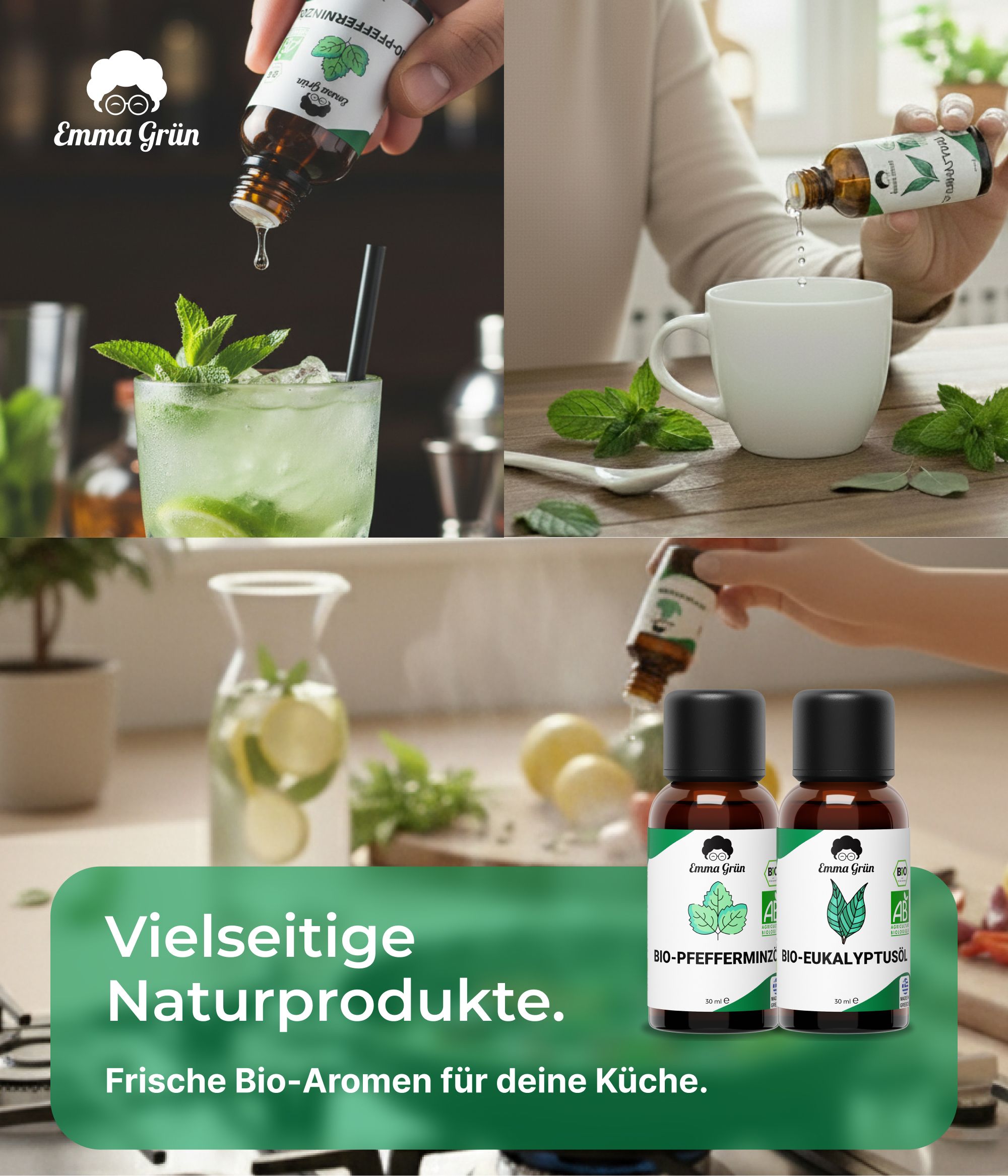 Verschiedene Anwendungen der Produkte. Zwei Flaschen mit Etiketten. Text: "Vielseitige Naturprodukte". "Frische Bio-Aromen für deine Küche".