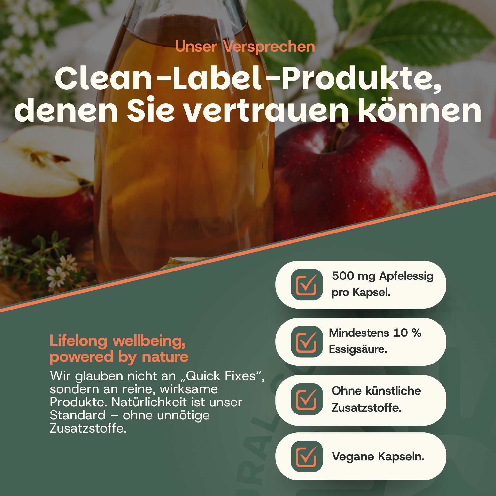 Flasche Apfelessig mit Äpfeln im Hintergrund. Informationen zu Inhaltsstoffen und Versprechen.