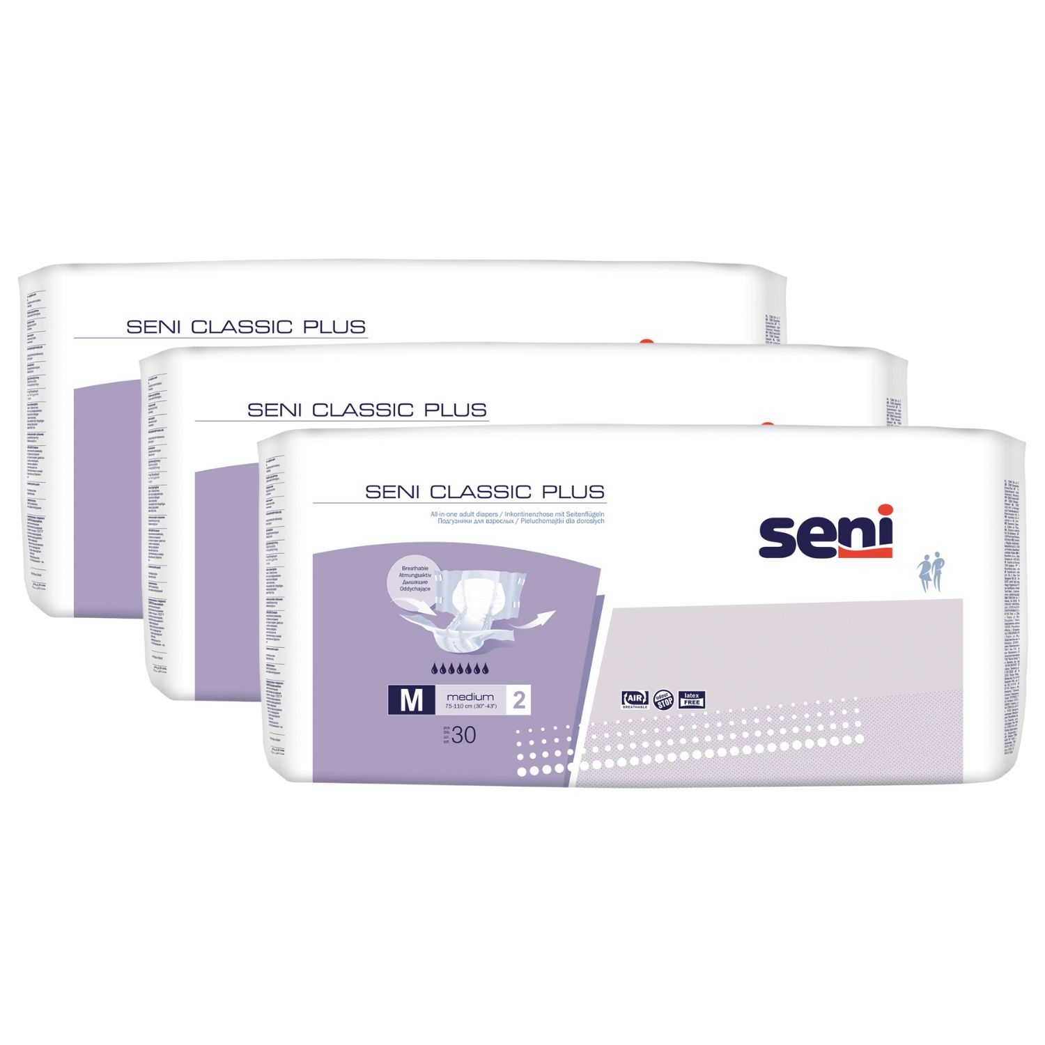 Drei Packungen Seni Classic Plus. Aufdrucke: Seni, M, medium 2, 30 Stück. Lila und weiße Verpackung mit Produktabbildung.