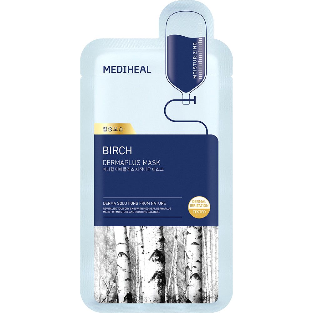 MEDIHEAL Dermaplus Birch Maske Packung. Hellblau, mit Text und Birkenmotiv.