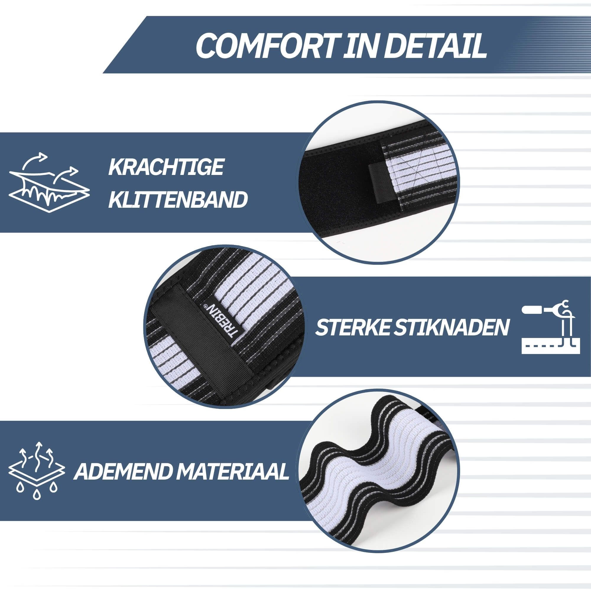 Elastisches Band mit Klettverschluss, starken Nähten und atmungsaktivem Material.