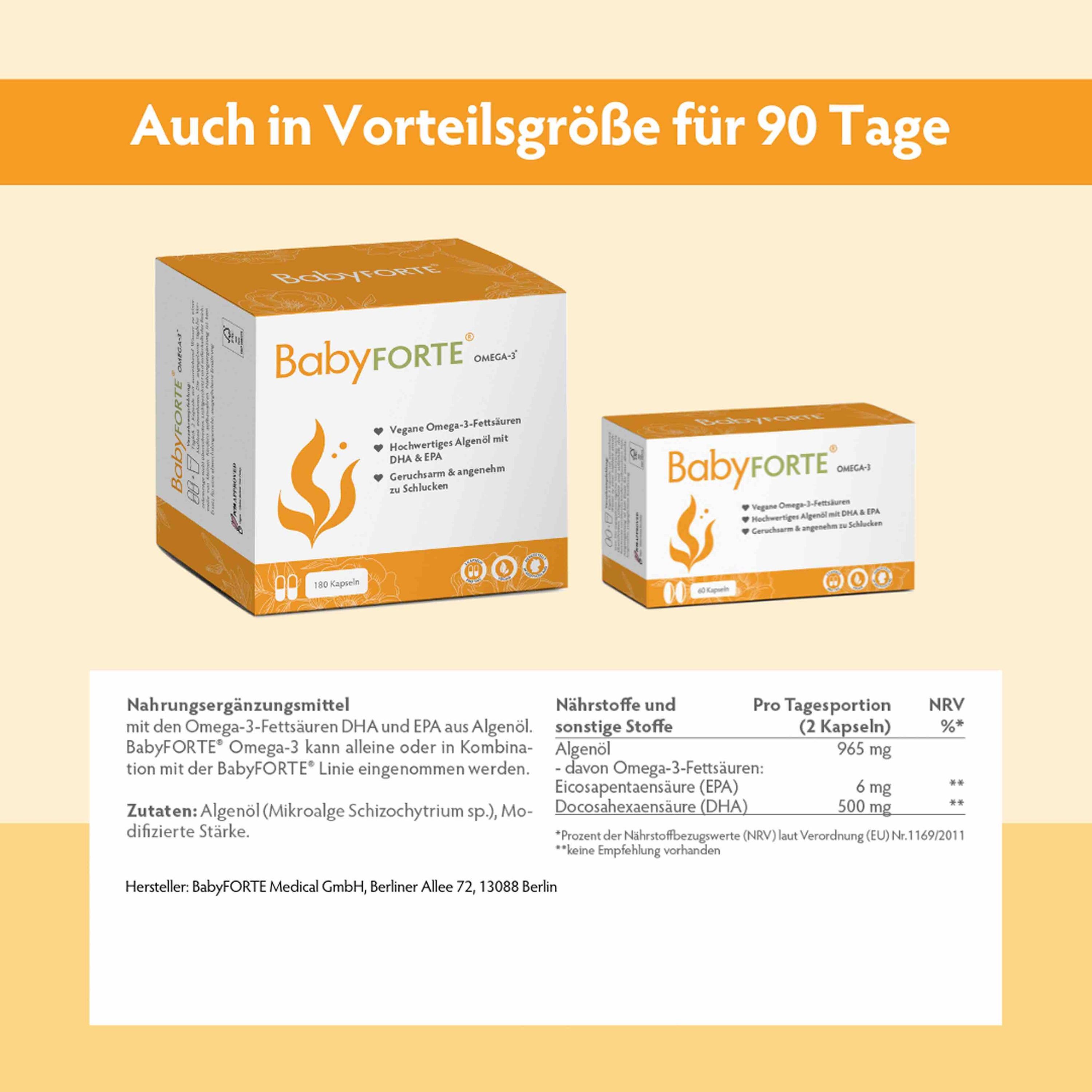 BabyFORTE-Packungen in zwei Größen. Nährwerttabelle: Omega-3-Fettsäuren, DHA, EPA. Zutaten: Algenöl. Hersteller: BabyFORTE Medical GmbH.