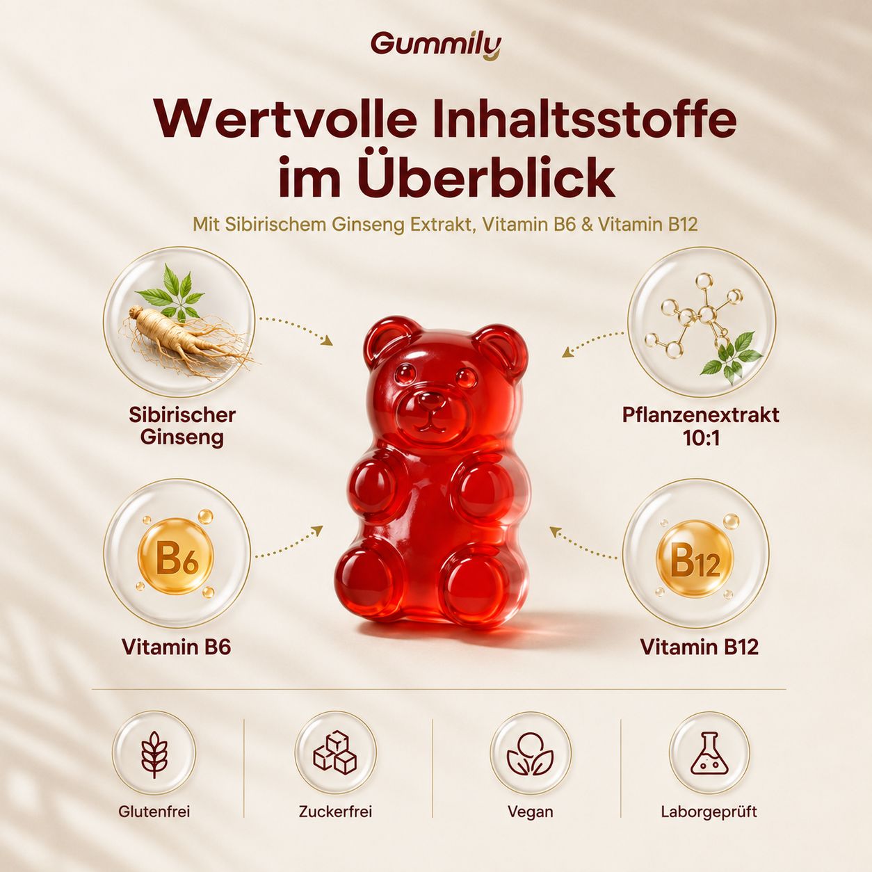 Gummily Bär mit Ginseng, Vitamin B6, B12. Vegan, glutenfrei, zuckerfrei, laborgeprüft.