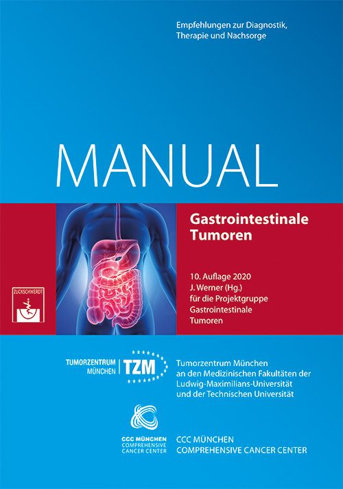 Buchcover: Manual, Gastrointestinale Tumoren. Titel in Weiß auf blauem Hintergrund. Roter Balken mit Titel und Autorenangaben. Abbildung des Verdauungstrakts.