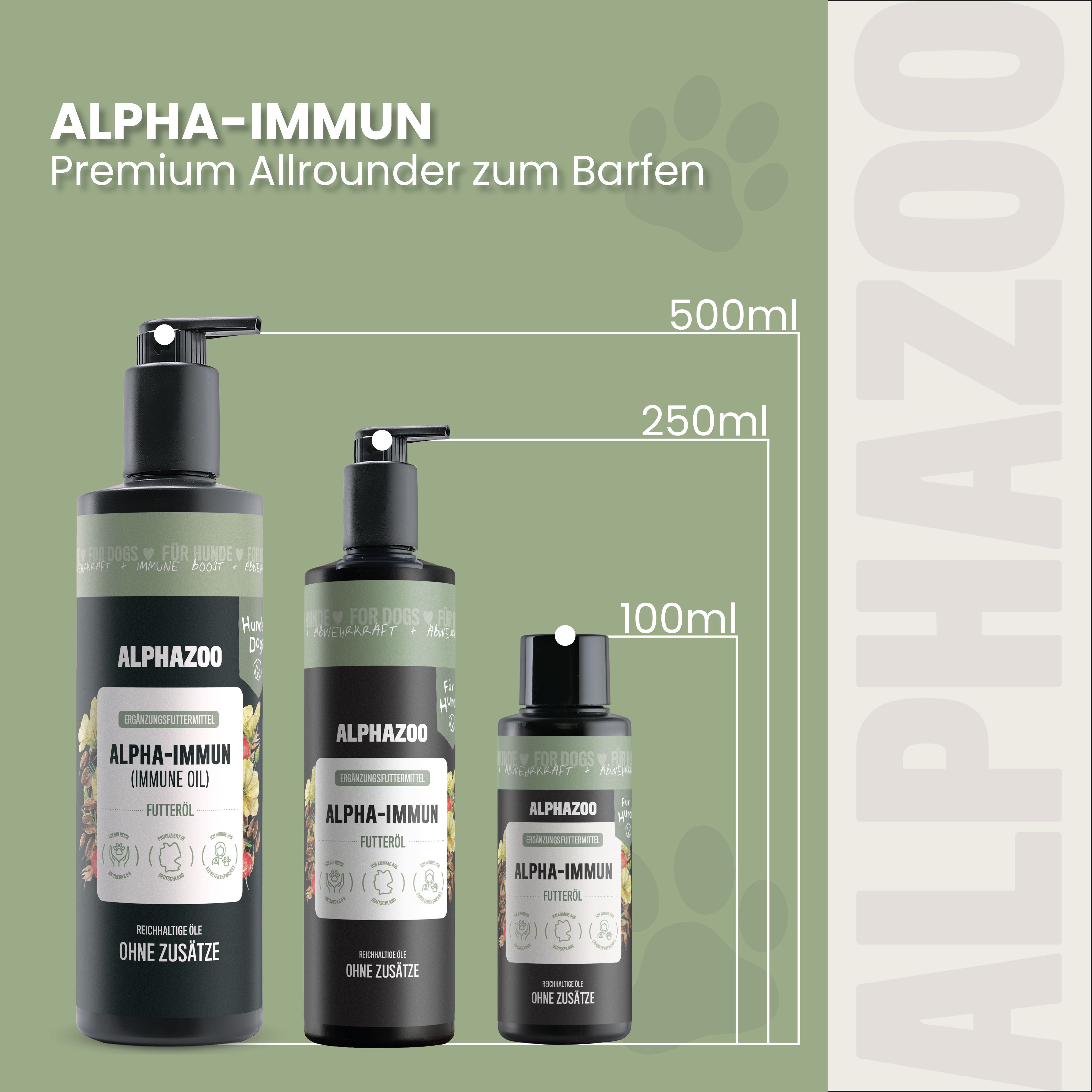 Drei Flaschen Alpha-Immun Futteröl. Größen: 500ml, 250ml, 100ml. Text: Premium Allrounder zum Barfen.