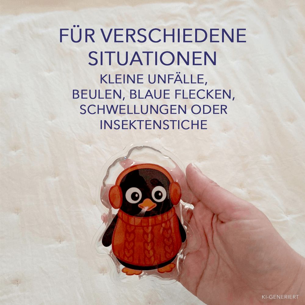 Hand hält Pinguin-Kalt-Warm-Kompresse mit rotem Pullover. Text: Für verschiedene Situationen.