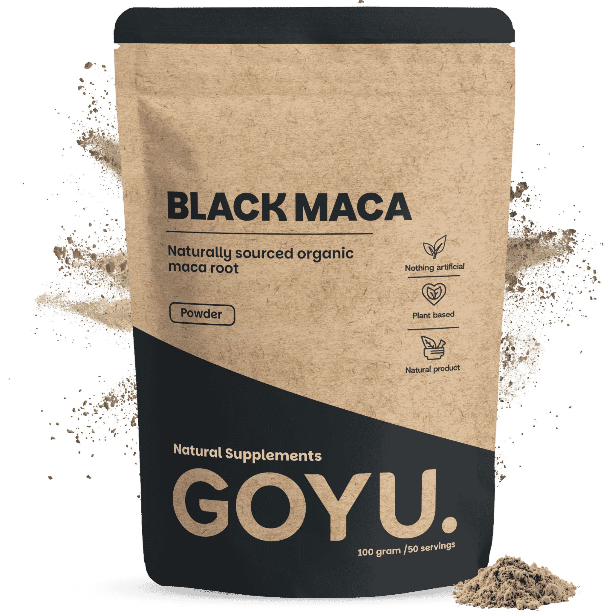 GOYU Black Maca Pulver in brauner Standbodenbeutel-Verpackung. 100g.