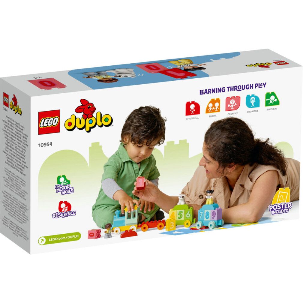LEGO DUPLO Zahlenzug. Kind und Erwachsene spielen mit Zug, Figuren und Bausteinen. Verpackung mit Produktabbildung.