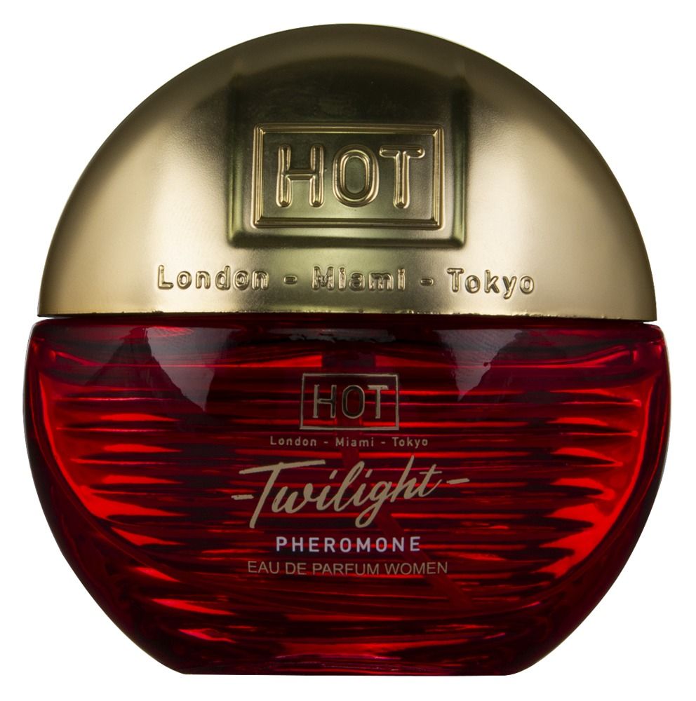 Runder, roter Flakon mit goldfarbenem Deckel. Aufschrift: HOT, Twilight Pheromone. Eau de Parfum.