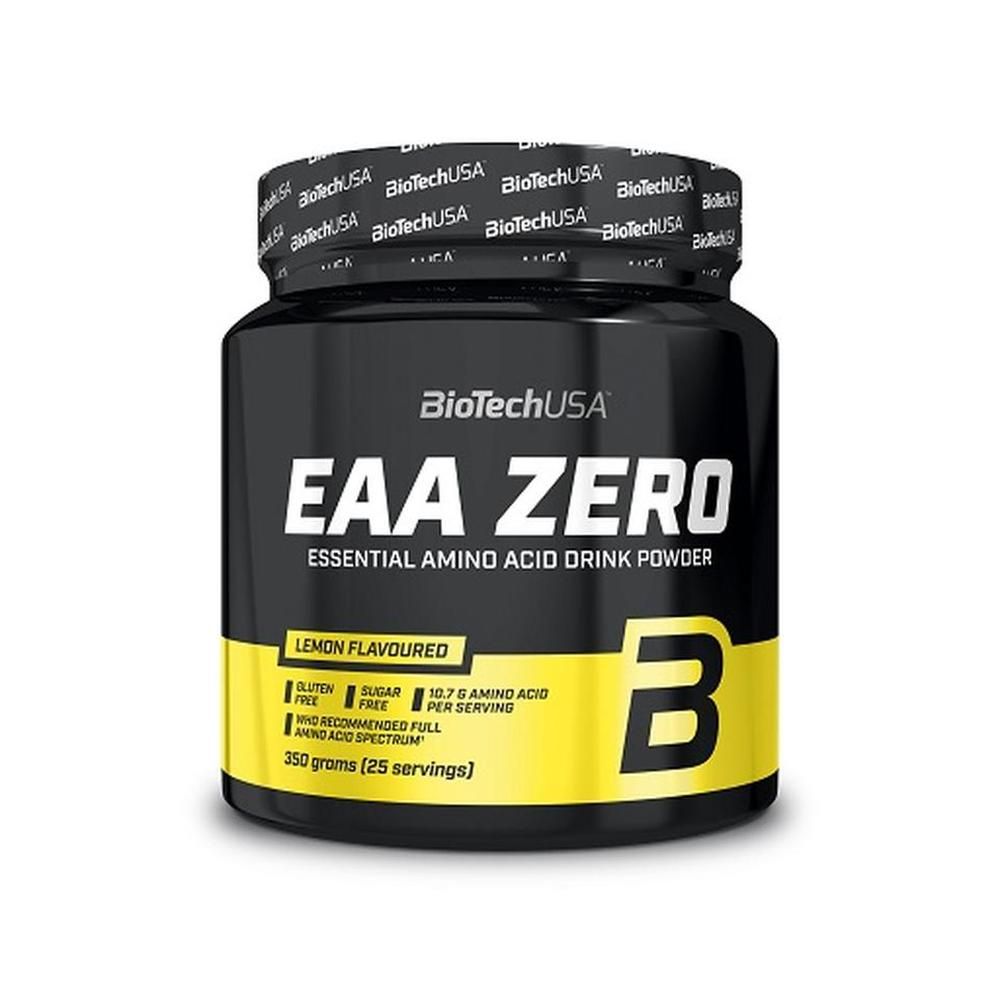 Schwarzes Dose mit gelbem Etikett. Aufschrift: EAA ZERO, Essential Amino Acid Drink Powder. Enthält 350 Gramm. Zitrone-Geschmack.