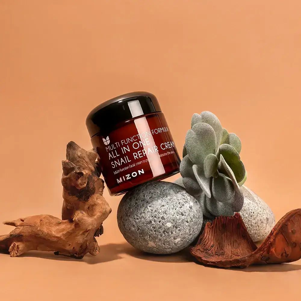 Braune Glasdose mit schwarzem Deckel. Aufschrift: ALL IN ONE SNAIL REPAIR CREAM. Marke: MIZON. Dekoration.