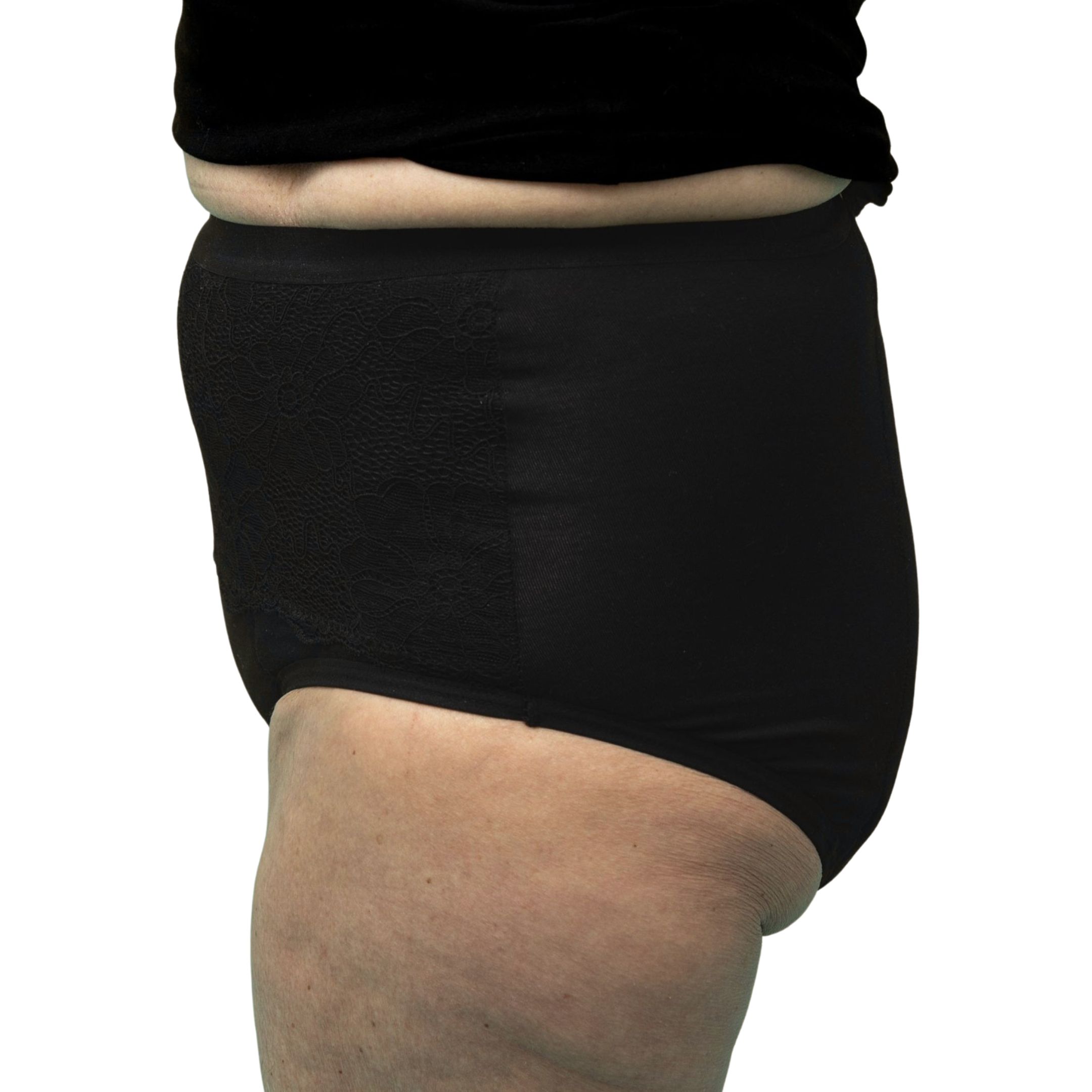 Seitenansicht einer schwarzen, ultra-absorbierenden Culotte. Teilweise mit Spitze.