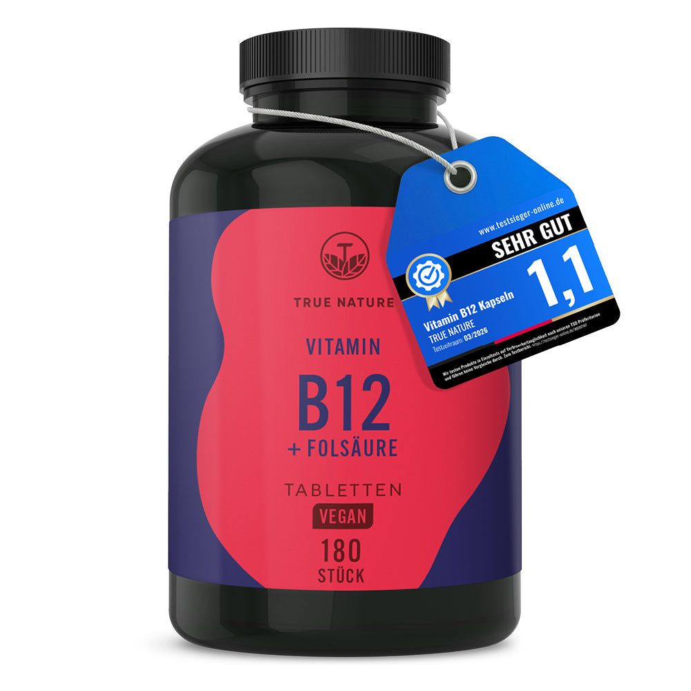 Dunkler Behälter mit rotem Etikett: Vitamin B12 + Folsäure Tabletten, 180 Stück, Vegan. Mit Siegel 'Sehr Gut'.