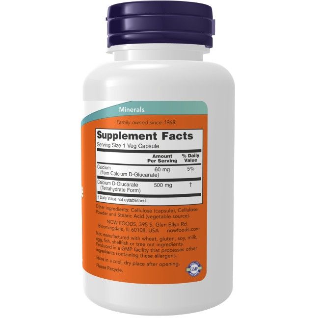 Weiße Flasche mit blauem Deckel. Etikett mit Produktinformationen: Calcium D-Glucarat, 500 mg, 90 Veg-Kapseln. NOW Foods.