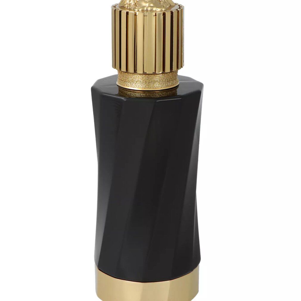 Schwarzer Flakon mit gedrehtem Design und goldener Kappe, mit einem detaillierten, gerippten Oberteil.