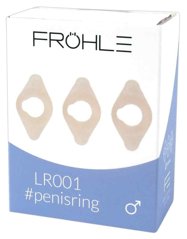 Verpackung mit drei Fröhle LR001 Penisringen. Die Ringen sind hellbeige und rautenförmig.