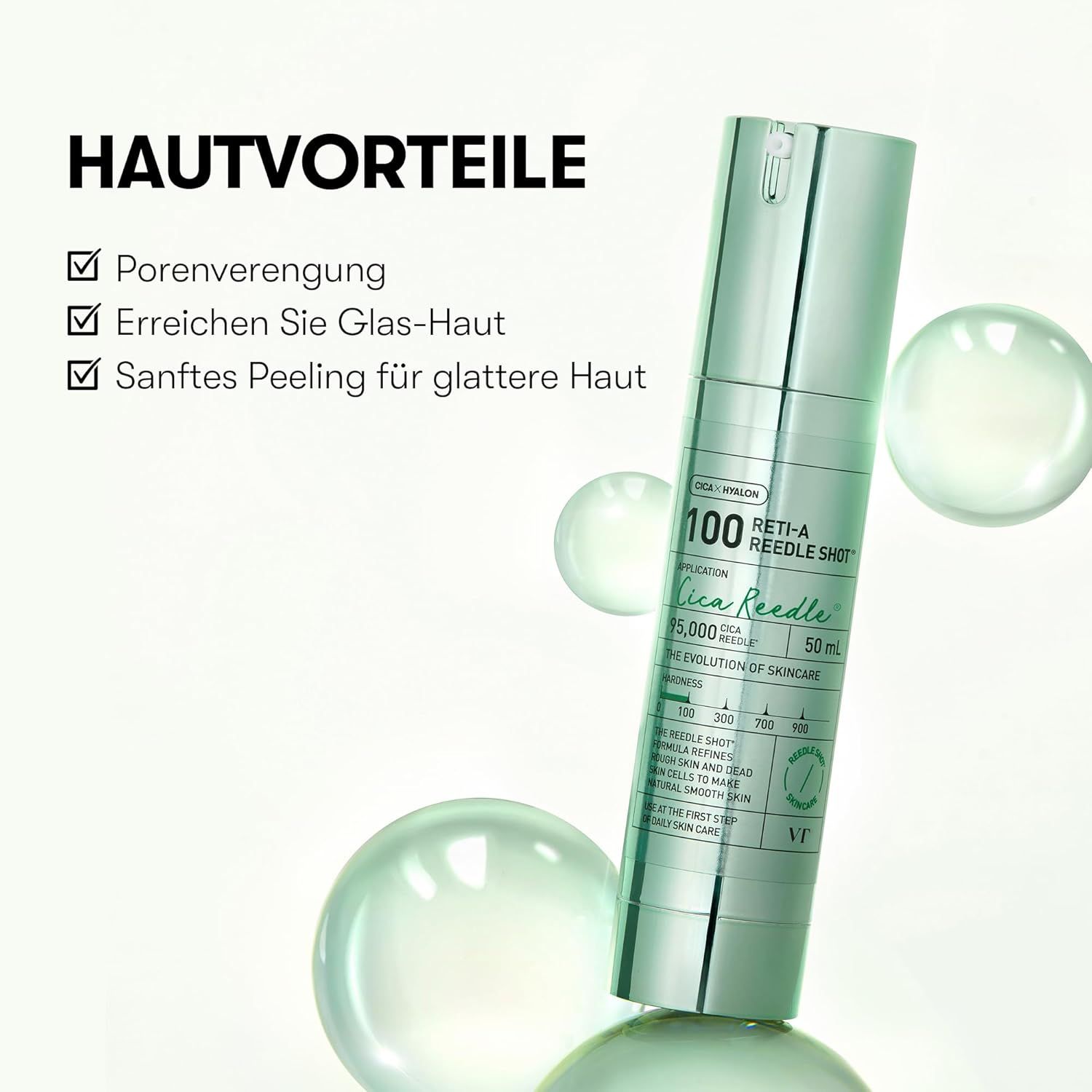 Silberne Flasche mit Pumpspender. Text: Hautvorteile, Porenverengung, Glas-Haut.