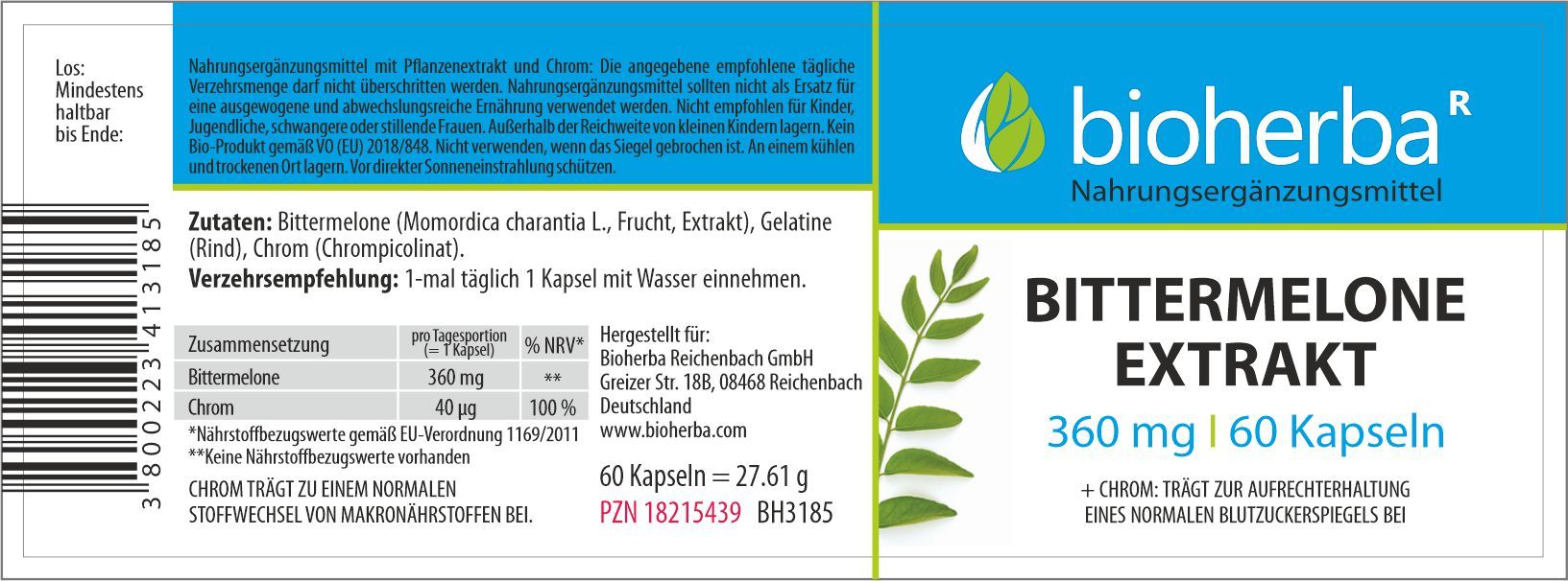 Etikett mit Produktname, Marke und Inhaltsangaben. Blaue und weiße Schrift. Enthält Informationen zu Zutaten und Dosierung.