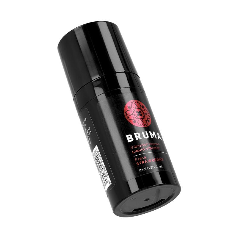Schwarze Flasche mit rotem Logo und Schriftzug BRUMA. Text: Flüssigvibrator, Erdbeer-Geschmack. 15ml. Schrägansicht.