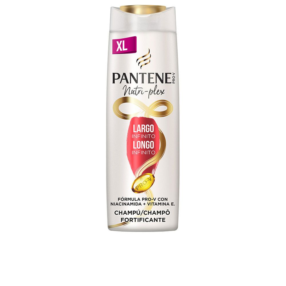 Weißes Shampoo mit goldfarbenem Deckel. Aufschrift: Pantene Nutri-plex, Largo Infinito, Champú Fortificante. Lila XL-Etikett.