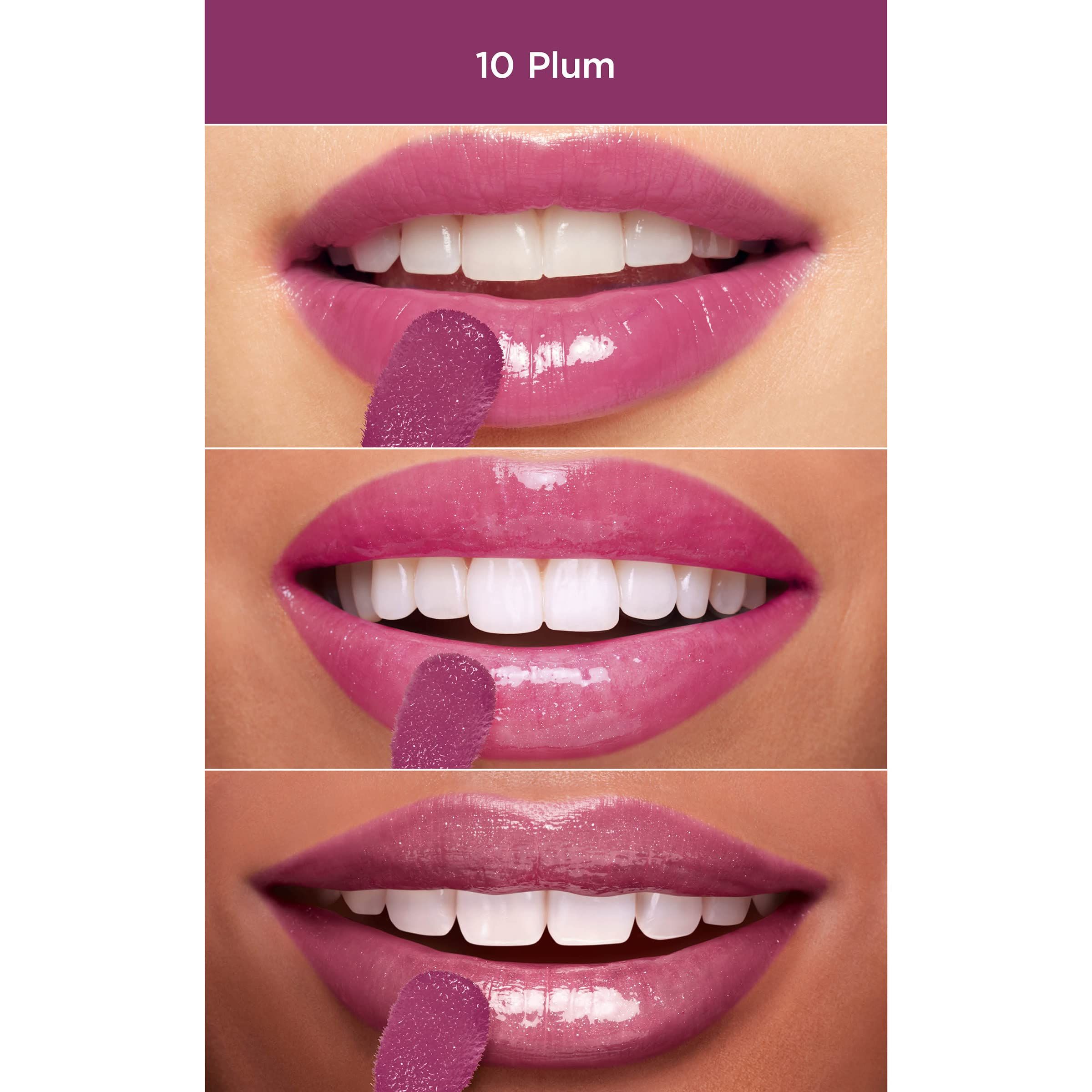 Drei Nahaufnahmen von Lippen, die mit einem lila Lippenöl getönt sind. Zeigt die Anwendung.
