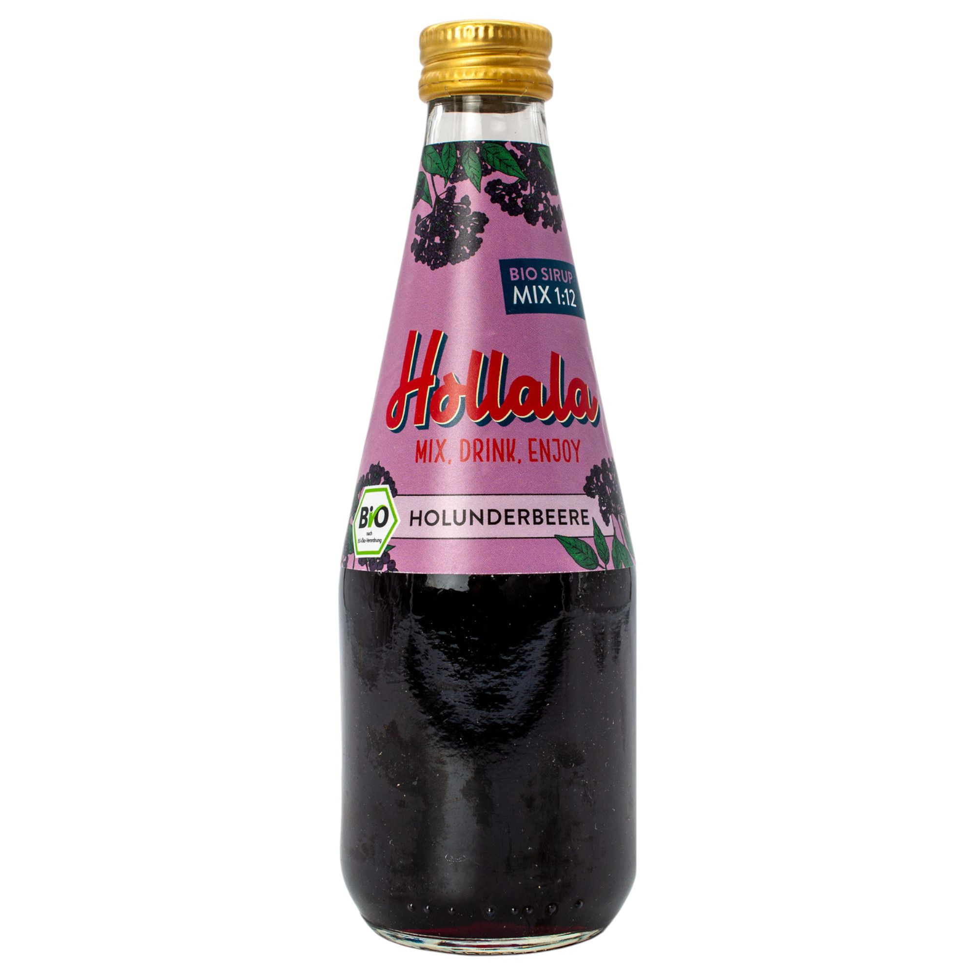 Glasflasche mit Bio-Holunderbeerensirup, goldener Verschluss, Etikett mit Holunderbeerenmotiv und Schriftzug 'Hollala'.