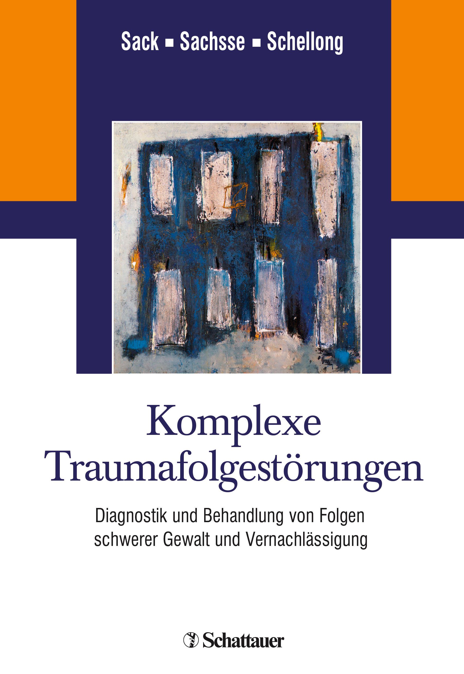 Buchcover: Komplexe Traumafolgestörungen. Titel und Autorennamen. Abstraktes Kunstwerk in Blau und Weiß. Verlag Schattauer.
