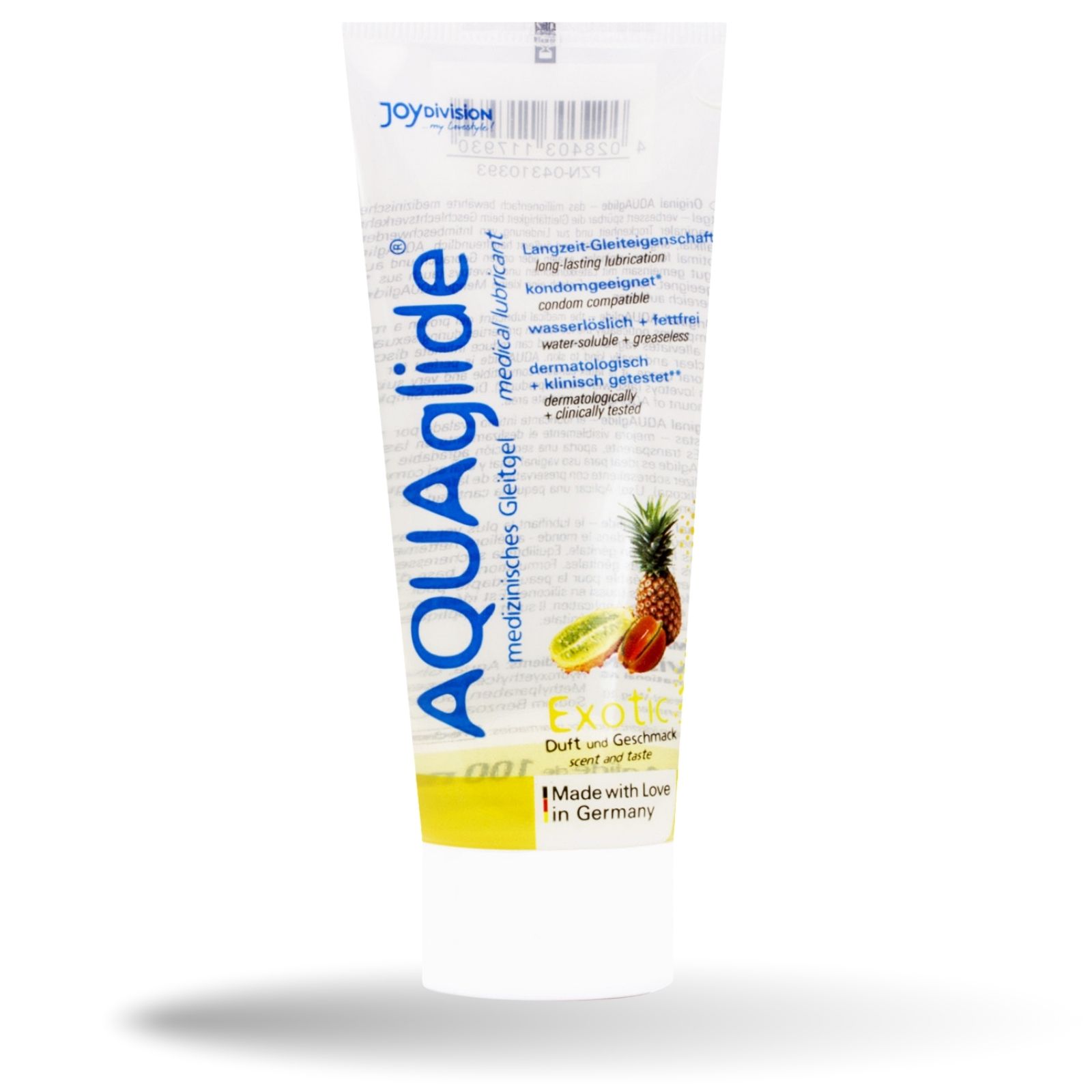 Tube mit AQUAglide Gleitgel. Aufschrift: Exotic, medizinisch, wasserlöslich, dermatologisch getestet. Mit Ananas- und Kiwi-Abbildung.