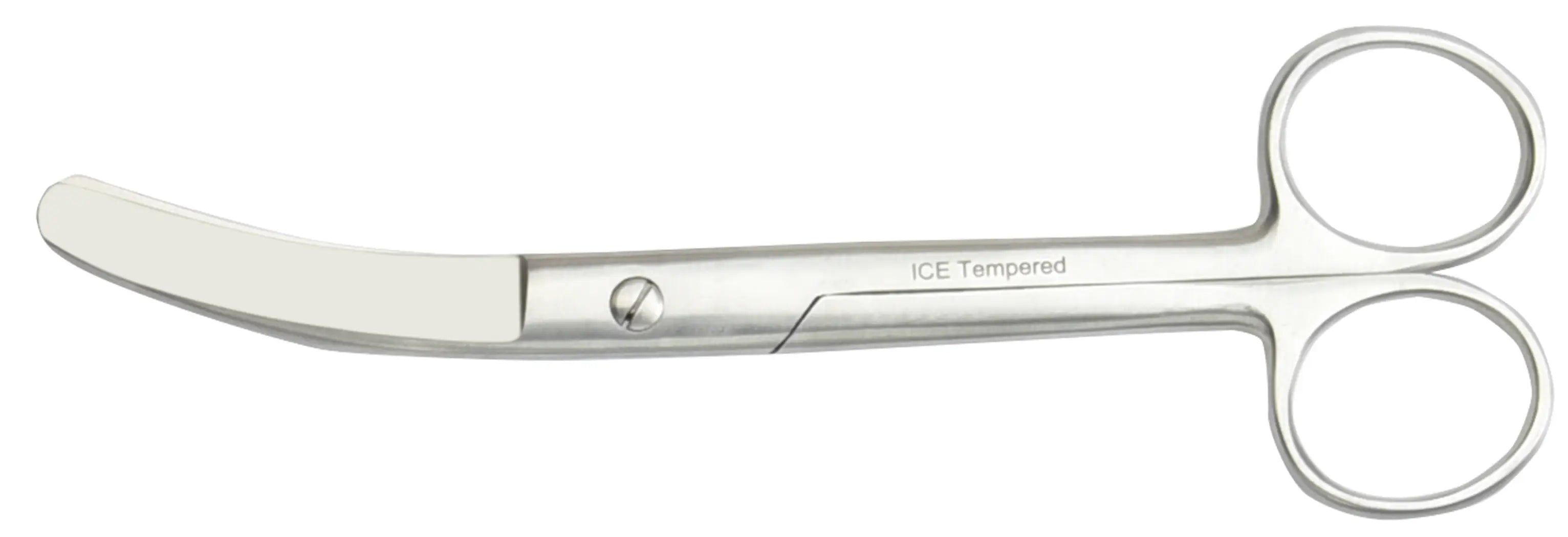 Gebogene Verbandsschere aus Metall. Schneide gebogen, Griffe mit Fingerlöchern. Aufschrift: ICE Tempered.